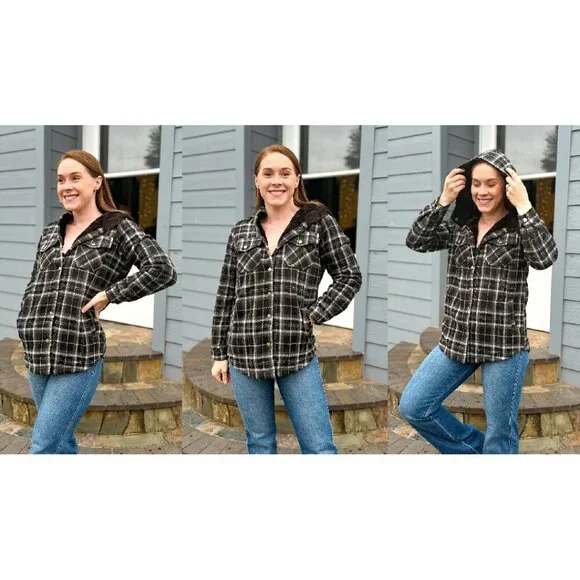Women's Plaid Shacket Hooded Fleece Jacket Long Sleeve Button Front - Picture 7 of 8